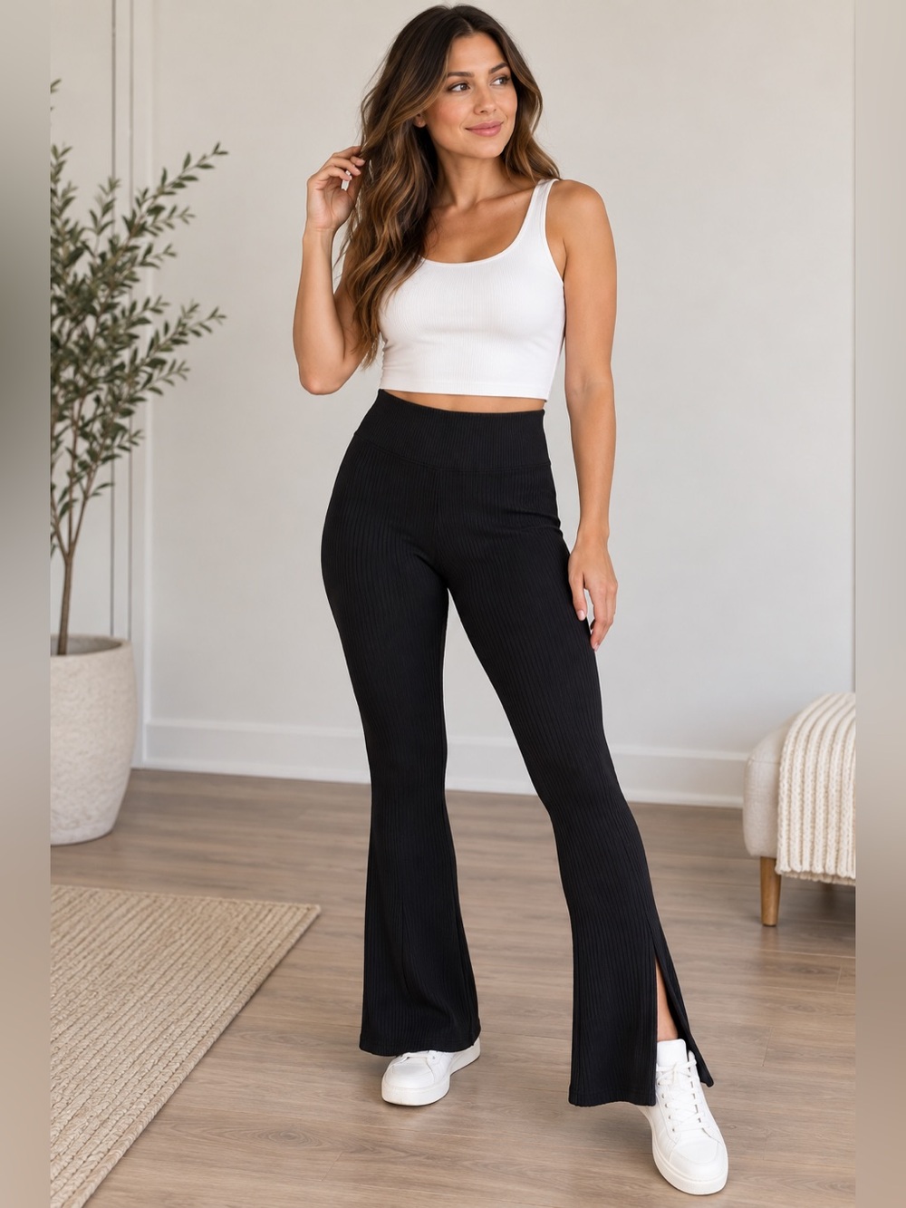 rag & bone Black Ribbed Flare Leggings XS High Rise Split Hem Pants